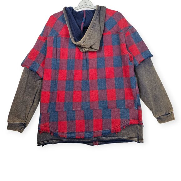Oli & Hali Hooded Red Blue Plaid Shacket Brown Sleeves Distressed Hem Size S - Picture 2 of 8